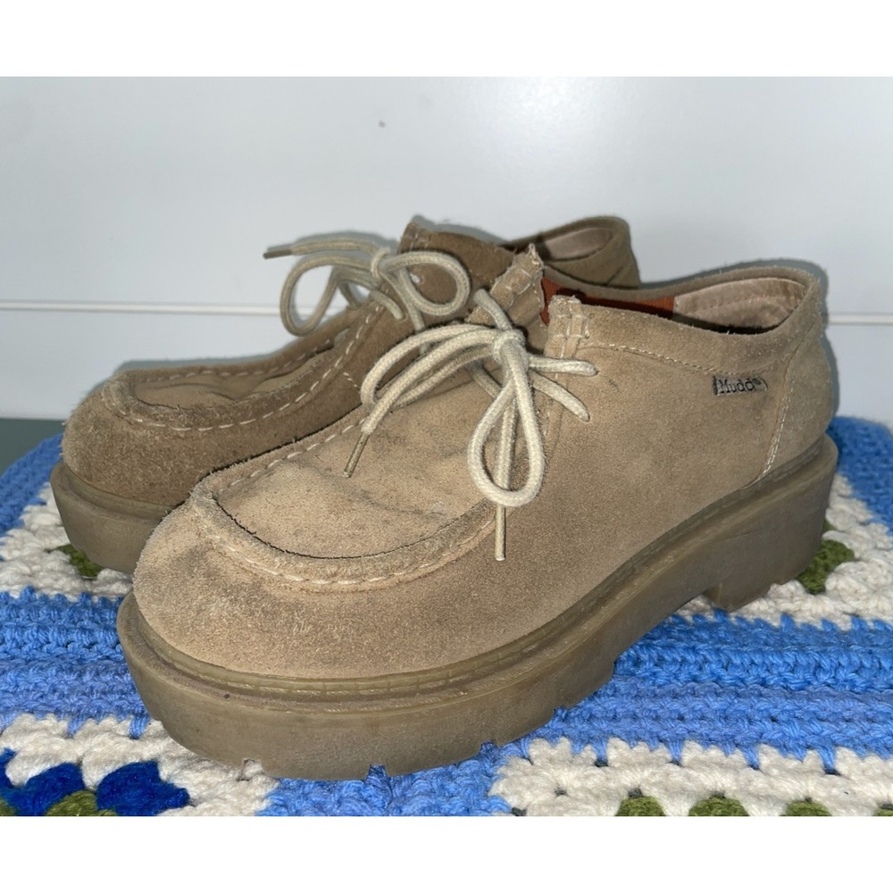 Mudd Sara Shoes Vintage 90s Y2K Chunky Lug Platform Tan Suede Leather Size 7.5